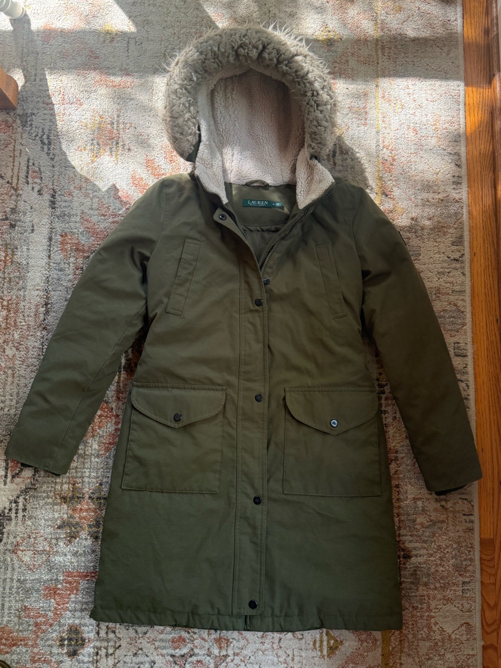 Ralph Lauren womens Green Parka Down Coat w/ removable Sherpa Collar Size Small
